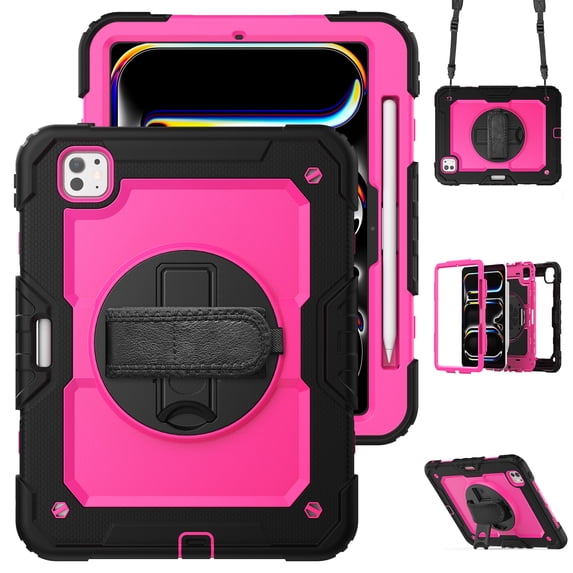ELEHOLD Full Body Protective Case for iPad Pro 11 inch 2024,Heavy Duty 3-Layer Protection Case Built-in Screen Protector 360° Rotating Kickstand Handstrap Shoulder Strap Shockproof Cover,Black+Rose