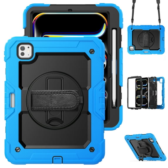ELEHOLD Full Body Protective Case for iPad Pro 11 inch 2024,Heavy Duty 3-Layer Protection Case Built-in Screen Protector 360° Rotating Kickstand Handstrap Shoulder Strap Shockproof Cover,Lightblue