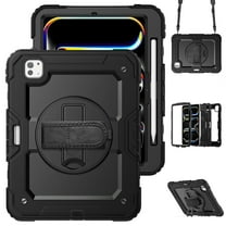 ELEHOLD Full Body Protective Case for iPad Pro 11-inch (M5) 2025 With Built-in Screen Protector,Heavy Duty 3-Layer  360° Rotating Kickstand Handstrap Shoulder Strap Shockproof Cover,Black