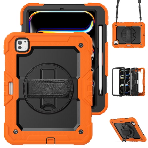 ELEHOLD Full Body Protective Case for iPad Pro 11-inch (M5) 2025 With Built-in Screen Protector,Heavy Duty 3-Layer 360° Rotating Kickstand Handstrap Shoulder Strap Shockproof Cover,Orange