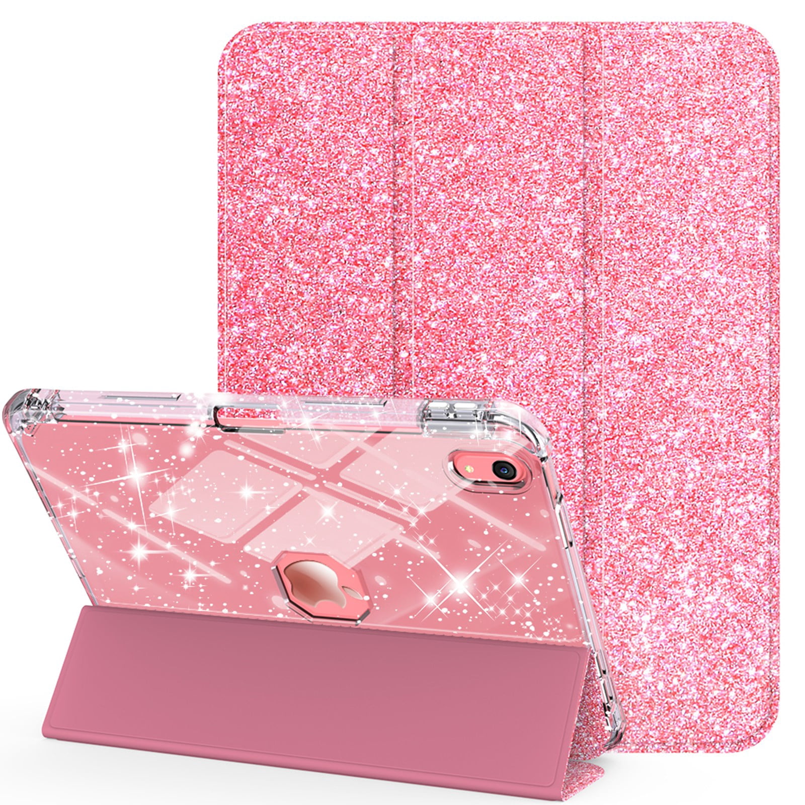 ELEHOLD Glitter Case for Apple iPad 11th(A16 5G) 2025/ 10th Gen 2022 with Pencil Holder,  Auto Sleep/Wake Magnetic Stand Cover, Sparkly Clear Back Shell with Tri-Fold Stand , Pink