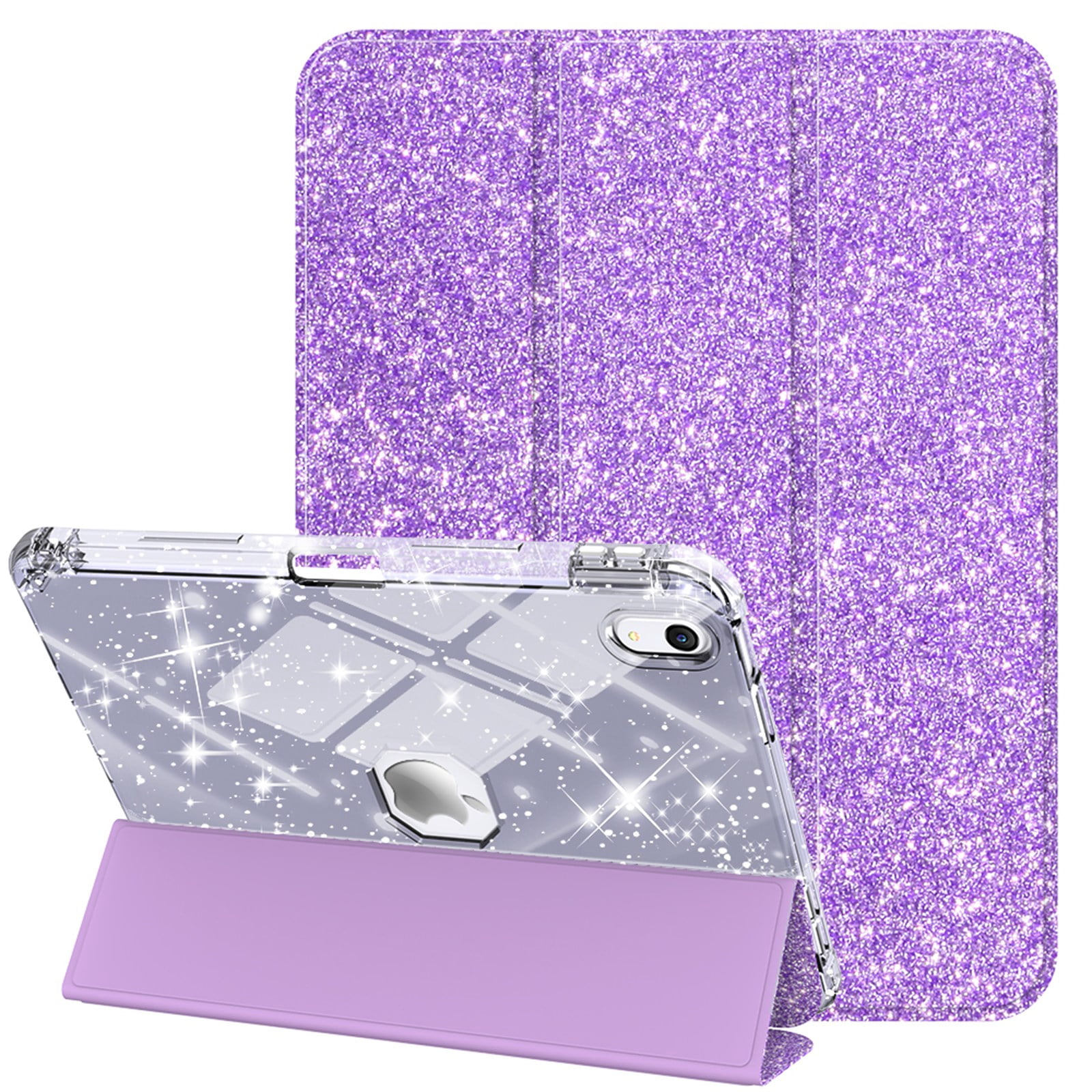 ELEHOLD Glitter Case for Apple iPad 11th(A16 5G) 2025/ 10th Gen 2022 with Pencil Holder,  Auto Sleep/Wake Magnetic Stand Cover, Sparkly Clear Back Shell with Tri-Fold Stand , Purple