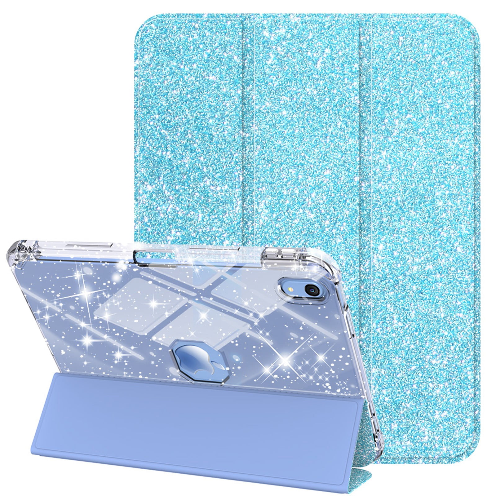 ELEHOLD Glitter Case for Apple iPad 11th(A16 5G) 2025/ 10th Gen 2022 with Pencil Holder,  Auto Sleep/Wake Magnetic Stand Cover, Sparkly Clear Back Shell with Tri-Fold Stand , Blue