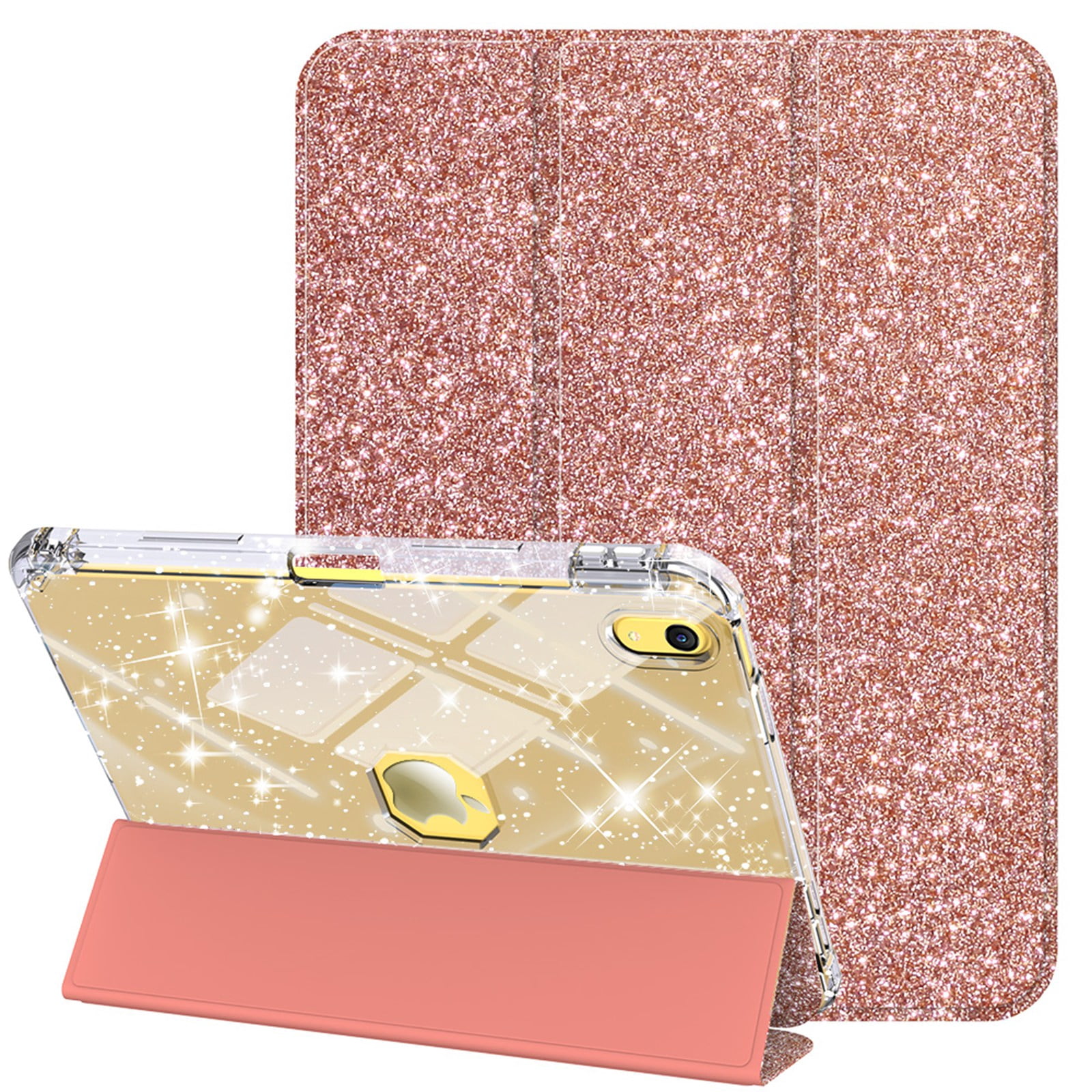 ELEHOLD Glitter Case for Apple iPad 11th(A16 5G) 2025/ 10th Gen 2022 with Pencil Holder,  Auto Sleep/Wake Magnetic Stand Cover, Sparkly Clear Back Shell with Tri-Fold Stand , Rosegold