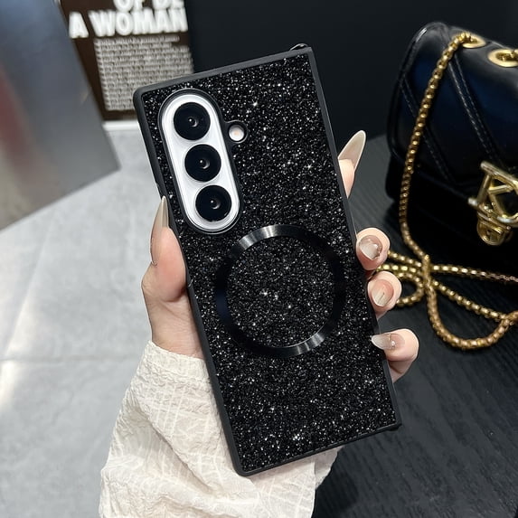 ELEHOLD Glitter Case Cover for Samsung Galaxy Z Fold 6, Wireless Charging Support Anti-Scratch Non-Slip Sparkle Shockproof Protective Shell for Women Girls for Samsung Galaxy Z Fold 6,Black