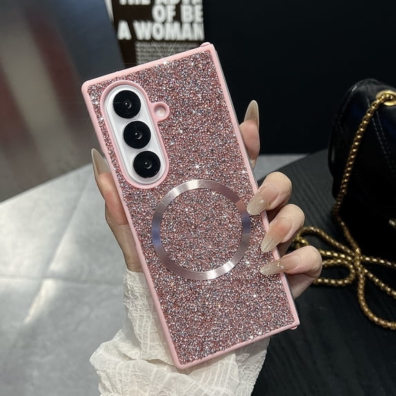 ELEHOLD Glitter Case Cover for Samsung Galaxy Z Fold 6, Wireless Charging Support Anti-Scratch Non-Slip Sparkle Shockproof Protective Shell for Women Girls for Samsung Galaxy Z Fold 6,Pink