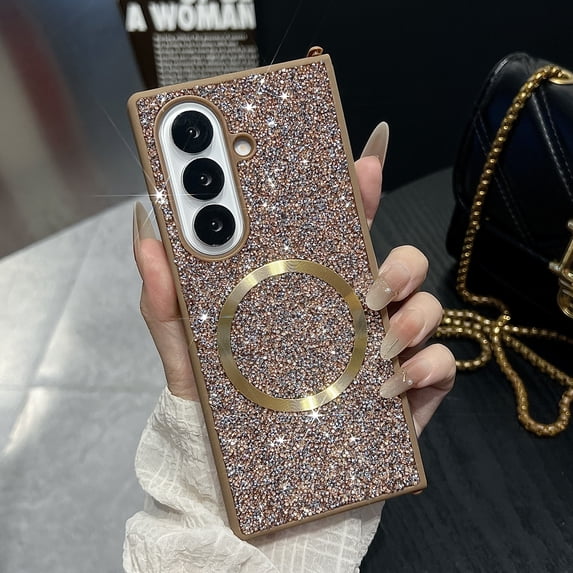 ELEHOLD Glitter Case Cover for Samsung Galaxy Z Fold 6, Wireless Charging Support Anti-Scratch Non-Slip Sparkle Shockproof Protective Shell for Women Girls for Samsung Galaxy Z Fold 6,Gold