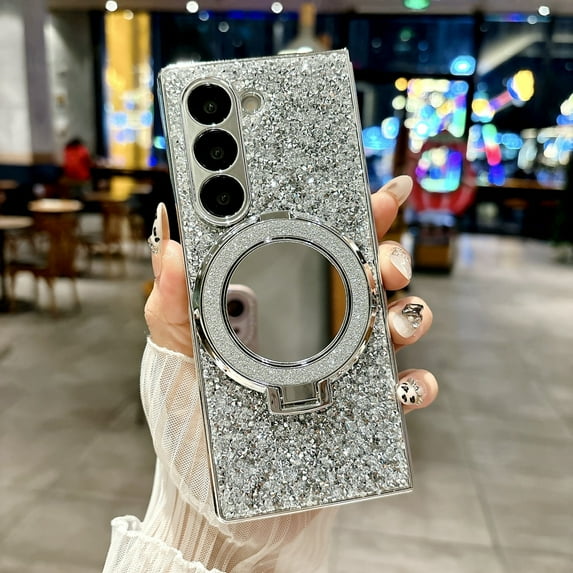 ELEHOLD Glitter Case for Samsung Galaxy Z Fold 7, Fashion Bling Diamond PC Mirror Magnetic Case Cover with Built-in Kickstand Grip Ring for Samsung Galaxy Z Fold 7,Silver