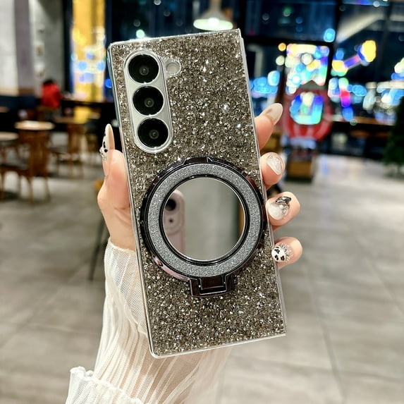 ELEHOLD Glitter Case for Samsung Galaxy Z Fold 7, Fashion Bling Diamond PC Mirror Magnetic Case Cover with Built-in Kickstand Grip Ring for Samsung Galaxy Z Fold 7,Black