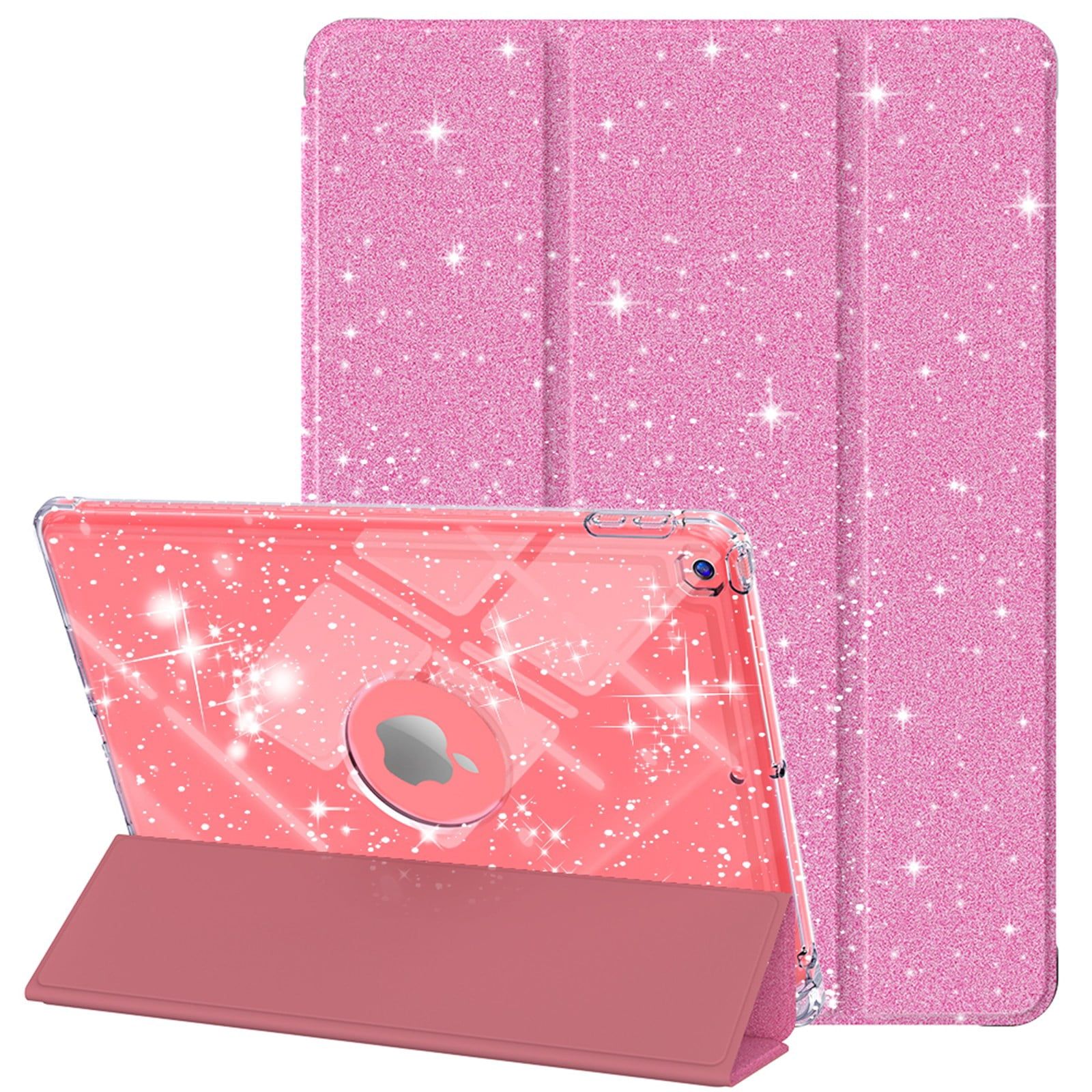 ELEHOLD Glitter Case for  iPad 9th/8th/7th Generation with Pencil Holder,  Auto Sleep/Wake Magnetic Stand Cover, Sparkly Clear Back Shell with Tri-Fold Stand , Pink