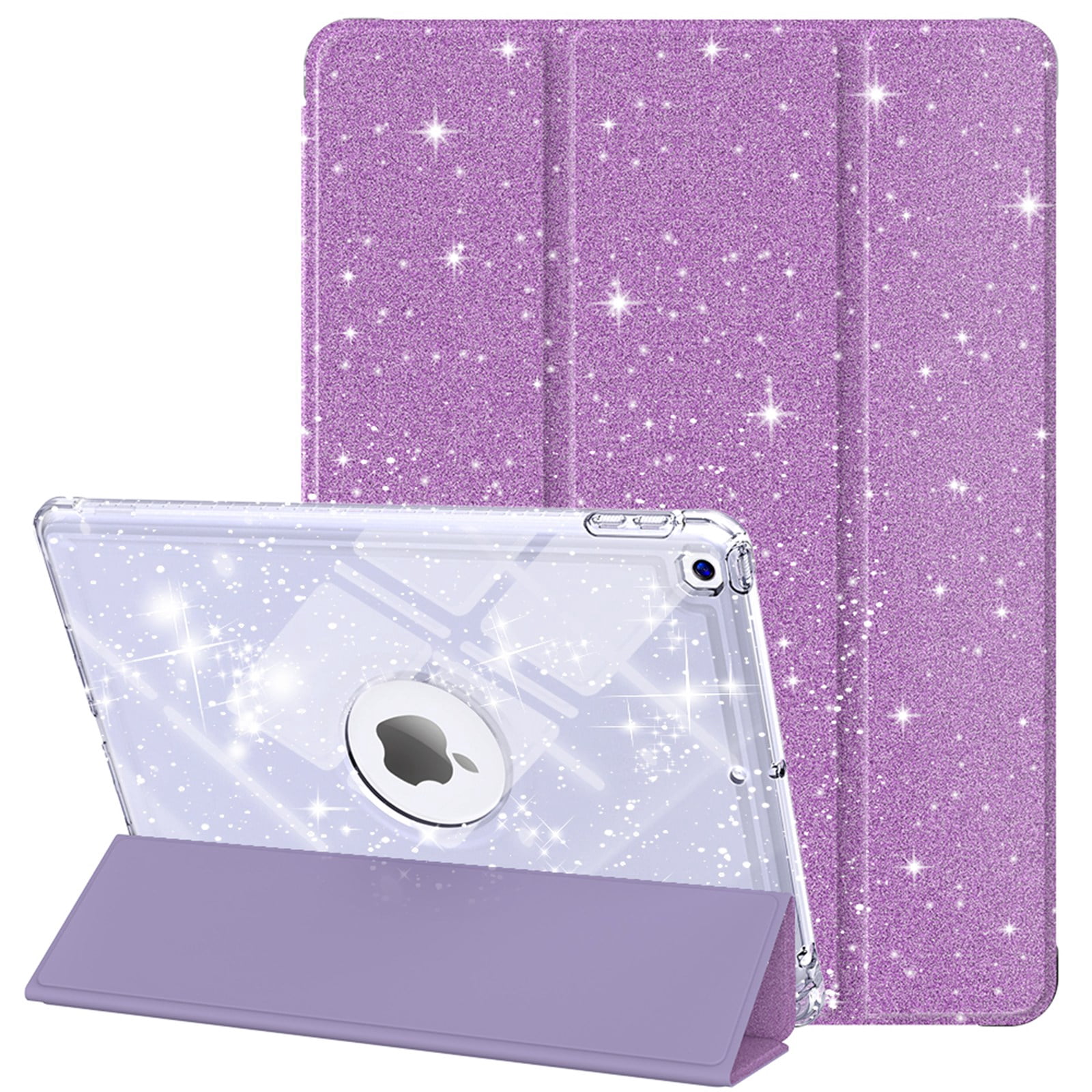 ELEHOLD Glitter Case for  iPad 9th/8th/7th Generation with Pencil Holder,  Auto Sleep/Wake Magnetic Stand Cover, Sparkly Clear Back Shell with Tri-Fold Stand , Purple