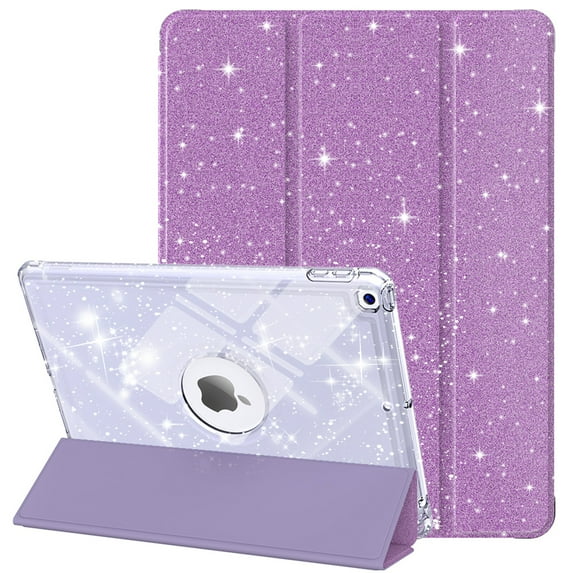 ELEHOLD Glitter Case for iPad 9th/8th/7th Generation with Pencil Holder, Auto Sleep/Wake Magnetic Stand Cover, Sparkly Clear Back Shell with Tri-Fold Stand , Purple