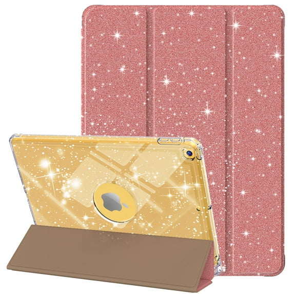 ELEHOLD Glitter Case for iPad 9th/8th/7th Generation with Pencil Holder, Auto Sleep/Wake Magnetic Stand Cover, Sparkly Clear Back Shell with Tri-Fold Stand , Rosegold