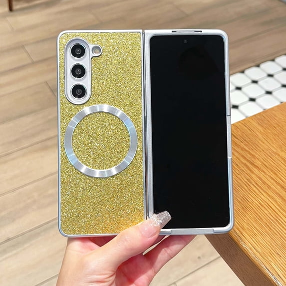 ELEHOLD Glitter Magnetic Case Cover for Samsung Galaxy Z Fold 7, Bling Glitter Lightweight PC+TPU Anti-Scratch Shockproof Sparkle Protective Shell Wireless Charging Compatible ,Gold