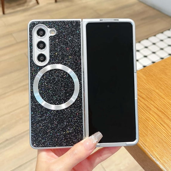 ELEHOLD Glitter Magnetic Case Cover for Samsung Galaxy Z Fold 7, Bling Glitter Lightweight PC+TPU Anti-Scratch Shockproof Sparkle Protective Shell Wireless Charging Compatible ,Black