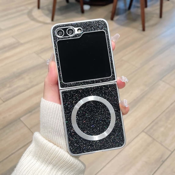 ELEHOLD Glitter Magnetic Case for Samsung Galaxy Z Flip 5, Bling Glitter Lightweight PC+TPU Anti-Scratch Shockproof Sparkle Protective Shell for Women Girls Wireless Charging Compatible, Black