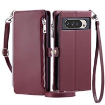 ELEHOLD for Google Pixel 10 /10 Pro Case,  Full Body Protection Crossbody Flip Zipper Credit Card Slot Wallet Case Kickstand Shockproof Leather Case with Shoulder Strap and Wrist Strap, Winered