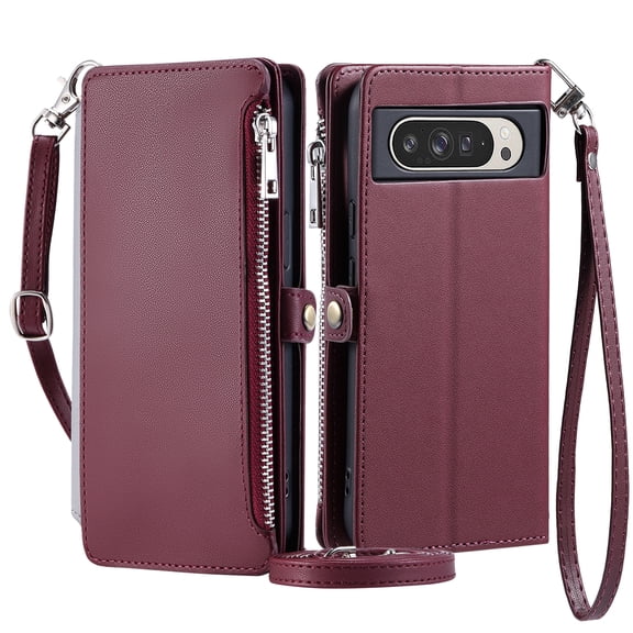 ELEHOLD for Google Pixel 10 /10 Pro Case,  Full Body Protection Crossbody Flip Zipper Credit Card Slot Wallet Case Kickstand Shockproof Leather Case with Shoulder Strap and Wrist Strap, Winered