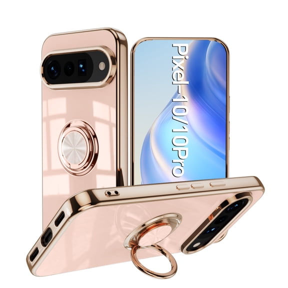 ELEHOLD for Google Pixel 10 /10 Pro Case with Ring Kickstand, Slim Electroplated Frame Magnetic Compatible Car Mount Soft TPU Shockproof Anti-Scratch Case for Google Pixel 10 /10 Pro, Pink