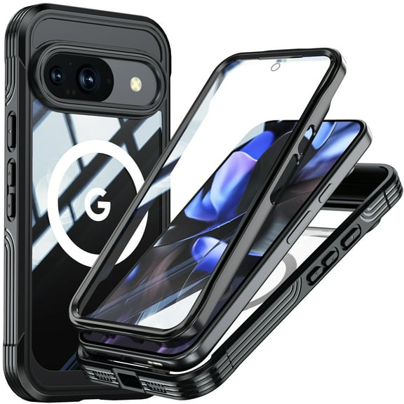 ELEHOLD for Google Pixel 10 /10 Pro Magnetic Case, Built-in Screen Protector Shockproof Dustproof Full Body Protection Magnetic Slim Rugged Phone Case for Google Pixel 10 /10 Pro,Blue,Black