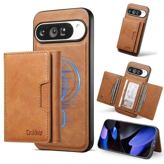 ELEHOLD For Google Pixel 10 /10 Pro PU Leather Magnetic Shockproof Case, Mag-Safe Compatible, with Magnetic Detachable Credit Card Wallet, Kickstand Function, Brown