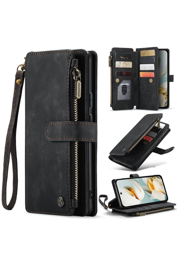 for Google Pixel 10 /10 Pro Wallet Case, Premium Leather Shockproof Credit Card Slots Zipper Pocket Purse Case with Wriststrap for Men Women ,Black
