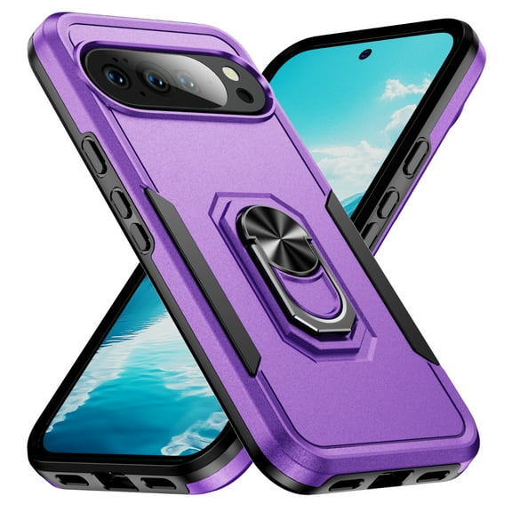 ELEHOLD for Google Pixel 10 Pro XL Rugged Case 360° Rotating Metal Ring Stand Kickstand Function Support Magnetic Car Mount Holder Shockproof Protective Case for Google Pixel 10 Pro XL,Purple/Black