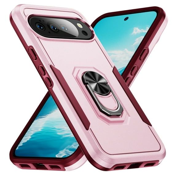 ELEHOLD for Google Pixel 10 Pro XL Rugged Case 360° Rotating Metal Ring Stand Kickstand Function Support Magnetic Car Mount Holder Shockproof Protective Case for Google Pixel 10 Pro XL,Pink/Rose