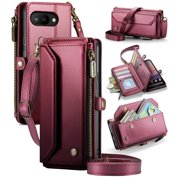 ELEHOLD for Google Pixel 10A Wallet Case,Wireless PU Leather RFID Blocking Card Holder Kickstand Flip Shockproof Case with Crossbody/Wristlet Strap ,Winered