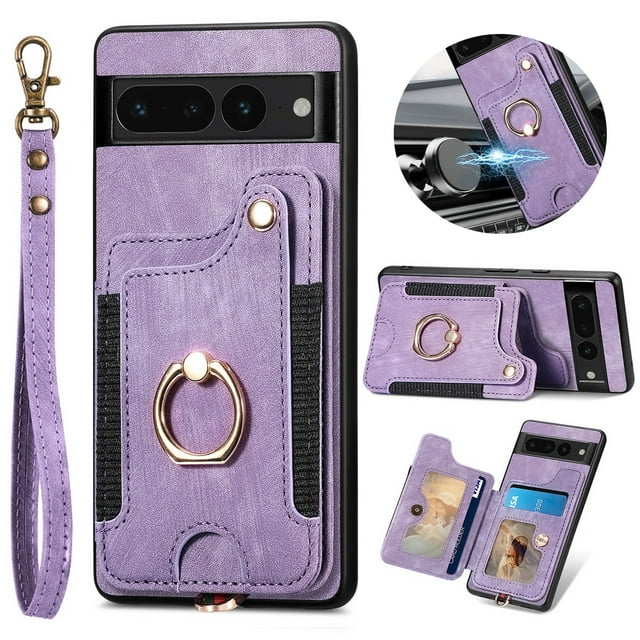 ELEHOLD for Google Pixel 6 Case with Ring Holder, Pixel 6 Wallet Case with RFID Blocking Card Holder Wristlet Strap, Magnetic Button Flip Folio Kickstand Shockproof Phone Cover,Purple