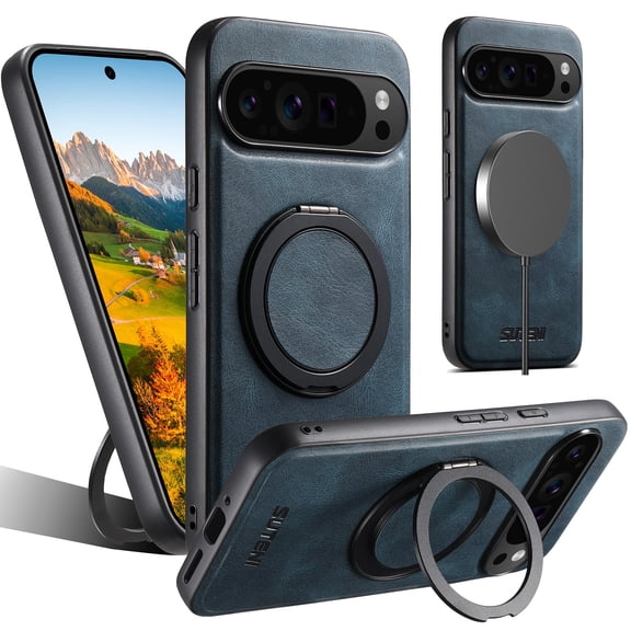 ELEHOLD For Google Pixel 6 Pro Case,Compatible with Mag Safe Accessories, Luxury PU Leather 360° Magnetic Ring Kickstand Slim Shock-Absorbent Case for Google Pixel 6 Pro,Blue