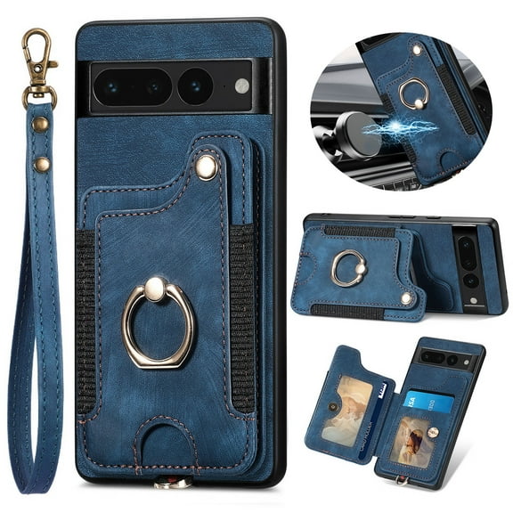 ELEHOLD for Google Pixel 6 Pro Case with Ring Holder, Pixel 6 Pro Wallet Case with RFID Blocking Card Holder Wristlet Strap, Magnetic Button Flip Folio Kickstand Shockproof Phone Cover,Blue