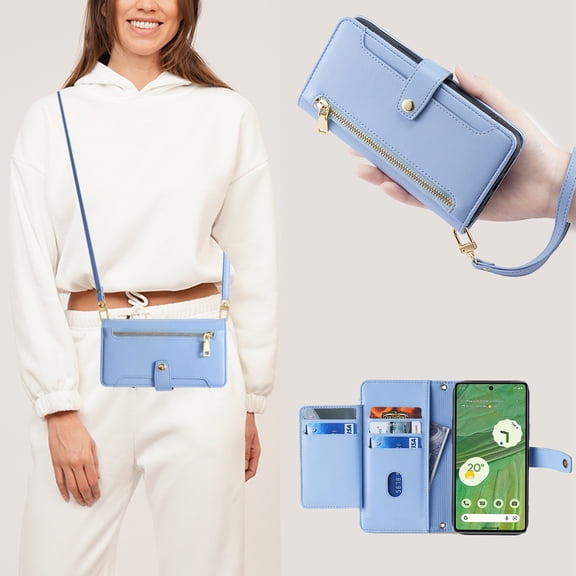 ELEHOLD for Google Pixel 6 Pro Wallet Case Crossbody, Zipper Phone Case with Card Holder Large Capacity Wrist Strap Leather Purse Cover for Women Men for Google Pixel 6 Pro,Blue