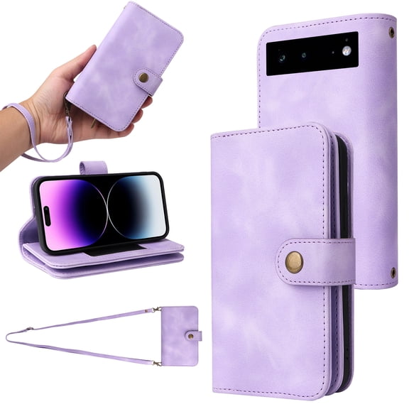 ELEHOLD for Google Pixel 6 Pro Wallet Case, PU Leather 6 Card Slots Removable Adjustable Crossbody Necklace Lanyard Shoulder Strap Zipper Bag Anti-Falling Rugged Case for Google Pixel 6 Pro,Purple