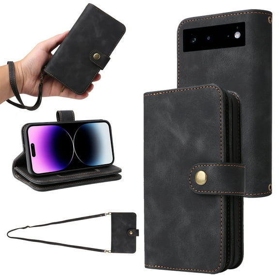 ELEHOLD for Google Pixel 6 Pro Wallet Case, PU Leather 6 Card Slots Removable Adjustable Crossbody Necklace Lanyard Shoulder Strap Zipper Bag Anti-Falling Rugged Case for Google Pixel 6 Pro,Black