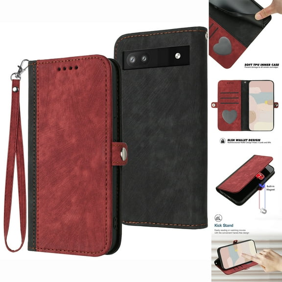 ELEHOLD for Google Pixel 6A Wallet Case with Detachable Wrist Strap Handbag, Luxury PU Leather Flip Soft TPU Built-in Magnetic Card Slots Kickstand Function Shockproof Protective Cover Case,Red
