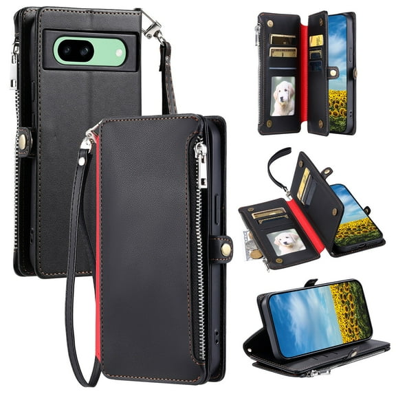 ELEHOLD for Google Pixel 6a Case,  Full Body Protection Crossbody Flip Zipper Credit Card Slot Wallet Case Kickstand Shockproof Leather Case with Shoulder Strap and Wrist Strap, Black