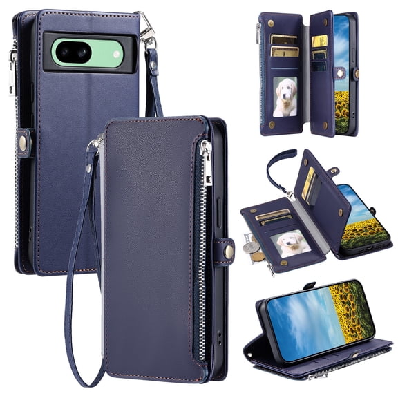 ELEHOLD for Google Pixel 6a Case,  Full Body Protection Crossbody Flip Zipper Credit Card Slot Wallet Case Kickstand Shockproof Leather Case with Shoulder Strap and Wrist Strap, Darkblue