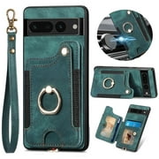 ELEHOLD for Google Pixel 6a Case with Ring Holder, Pixel 6a Wallet Case with RFID Blocking Card Holder Wristlet Strap, Magnetic Button Flip Folio Kickstand Shockproof Phone Cover,Green
