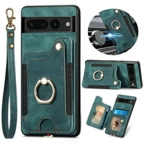ELEHOLD for Google Pixel 6a Case with Ring Holder, Pixel 6a Wallet Case with RFID Blocking Card Holder Wristlet Strap, Magnetic Button Flip Folio Kickstand Shockproof Phone Cover,Green
