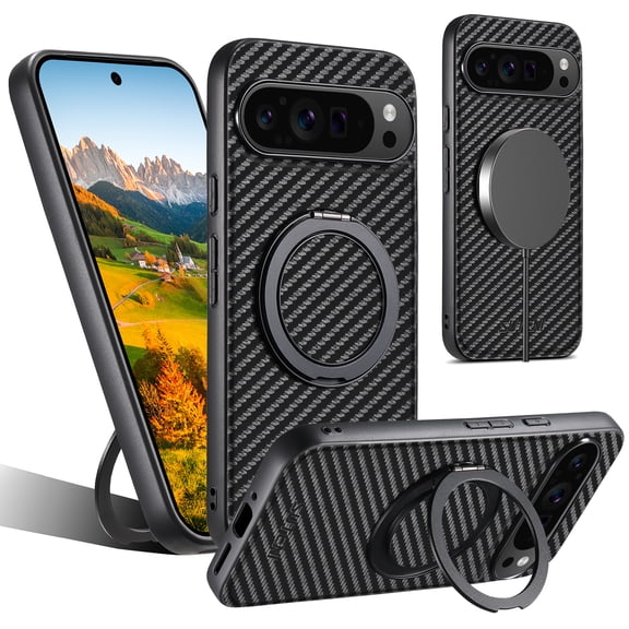 ELEHOLD For Google Pixel 7 Case,Compatible with Mag Safe Accessories, Luxury PU Leather 360° Magnetic Ring Kickstand Slim Shock-Absorbent Case for Google Pixel 7,Carbon Fiber Black