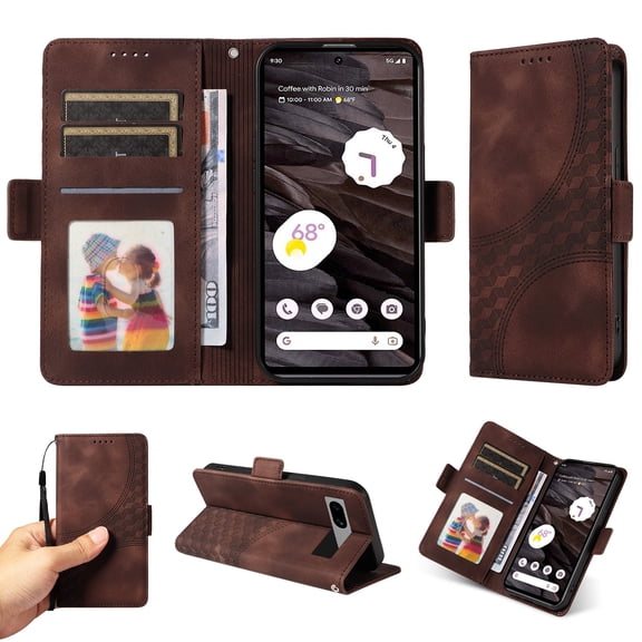 ELEHOLD For Google Pixel 7 Leather Wallet Phone Case, Embossed Diamond Folio Flip Cover, Card Holder Cash Slot, Stand Support, Wrist Strap Lanyard -Coffee