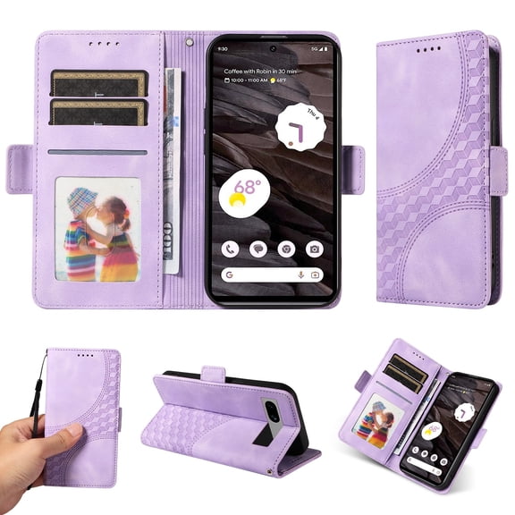 ELEHOLD For Google Pixel 7 Leather Wallet Phone Case, Embossed Diamond Folio Flip Cover, Card Holder Cash Slot, Stand Support, Wrist Strap Lanyard -Purple