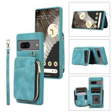 ELEHOLD for Google Pixel 7,Luxury Zipper Wallet Case with Card Slots Zipper Pocket Kickstand Function Wriststrap Crossbody Shoulder Strap Shockproof Purse Case,green