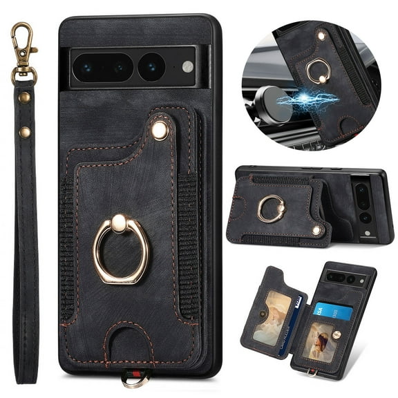 ELEHOLD for Google Pixel 7 Pro Case with Ring Holder, Pixel 7 Pro Wallet Case with RFID Blocking Card Holder Wristlet Strap, Magnetic Button Flip Folio Kickstand Shockproof Phone Cover,Black