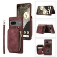 thumbnail image 1 of ELEHOLD for Google Pixel 7 Pro,Luxury Zipper Wallet Case with Card Slots Zipper Pocket Kickstand Function Wriststrap Crossbody Shoulder Strap Shockproof Purse Case,winered, 1 of 1