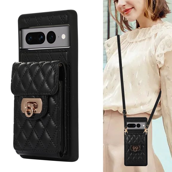 ELEHOLD for Google Pixel 7 Pro Wallet Case with Card Holder, PU Leather Shockproof Crossbody Case with Metal Snap Adjustable Strap Lanyard Compatible with Google Pixel 7 Pro,Black