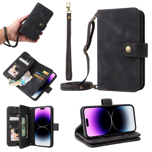 ELEHOLD for Google Pixel 7 Pro Wallet Case, PU Leather 6 Card Slots Removable Adjustable Crossbody Necklace Lanyard Shoulder Strap Zipper Bag Anti-Falling Rugged Case for Google Pixel 7 Pro,Black