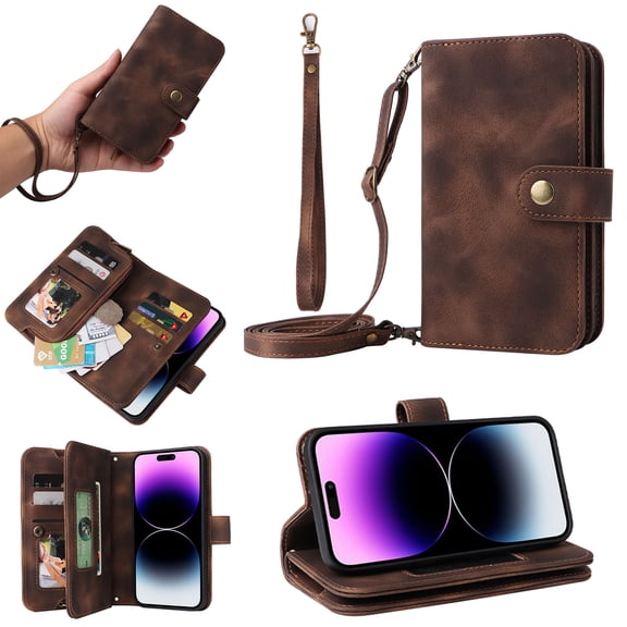 ELEHOLD for Google Pixel 7 Wallet Case, PU Leather 6 Card Slots Removable Adjustable Crossbody Necklace Lanyard Shoulder Strap Zipper Bag Anti-Falling Rugged Case for Google Pixel 7,Brown