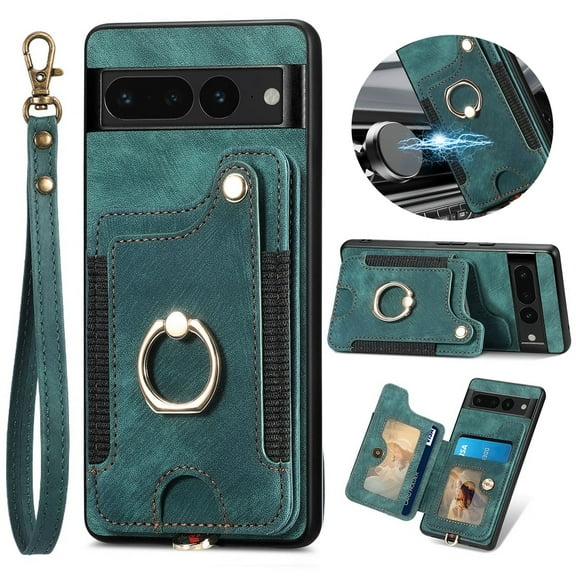 ELEHOLD for Google Pixel 7A Case with Ring Holder, Pixel 7A Wallet Case with RFID Blocking Card Holder Wristlet Strap, Magnetic Button Flip Folio Kickstand Shockproof Phone Cover,Green